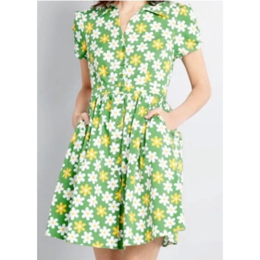 Modcloth Size Small Summer School Cool Green White Yellow Daisy Dress Retro - Picture 1 of 6